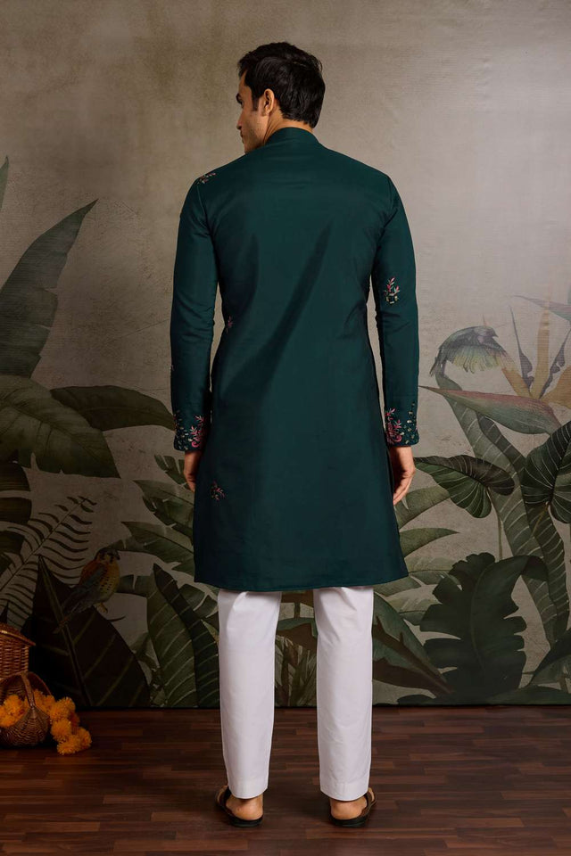 Men's Green Sequin with Embroidered Viscose Silk Kurta Pyjama Set (ACA1622)