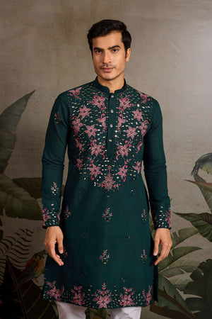 Men's Green Sequin with Embroidered Viscose Silk Kurta Pyjama Set (ACA1622)