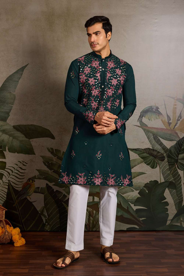 Men's Green Sequin with Embroidered Viscose Silk Kurta Pyjama Set (ACA1622)
