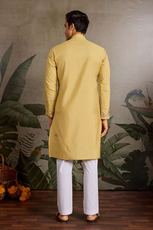 Men's Yellow Sequin with Embroidered Viscose Silk Kurta Pyjama Set (ACA1625)