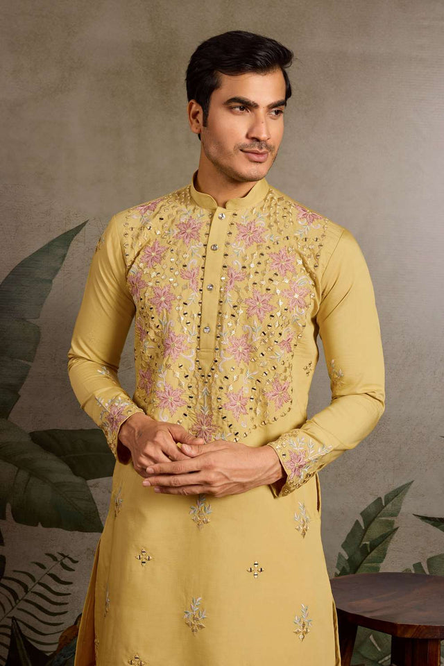 Men's Yellow Sequin with Embroidered Viscose Silk Kurta Pyjama Set (ACA1625)