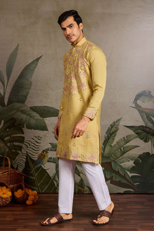 Men's Yellow Sequin with Embroidered Viscose Silk Kurta Pyjama Set (ACA1625)