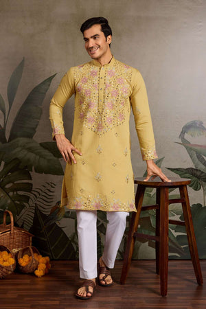 Men's Yellow Sequin with Embroidered Viscose Silk Kurta Pyjama Set (ACA1625)