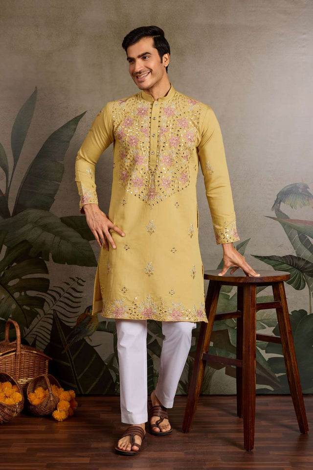 Men's Yellow Sequin with Embroidered Viscose Silk Kurta Pyjama Set (ACA1625)