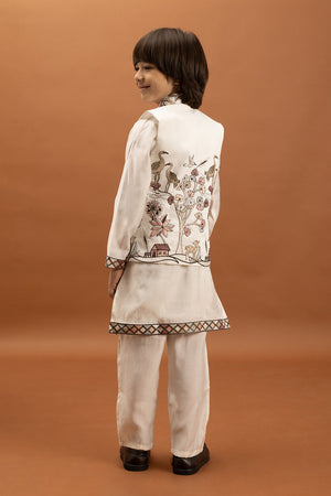 Boy's White Embroidered Viscose Silk Nehru Jacket Set (ACA1634)