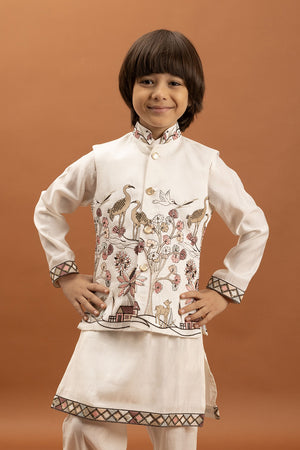 Boy's White Embroidered Viscose Silk Nehru Jacket Set (ACA1634)