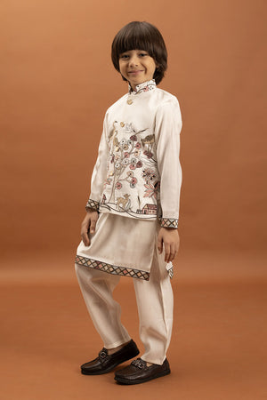 Boy's White Embroidered Viscose Silk Nehru Jacket Set (ACA1634)