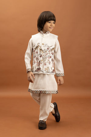 Boy's White Embroidered Viscose Silk Nehru Jacket Set (ACA1634)