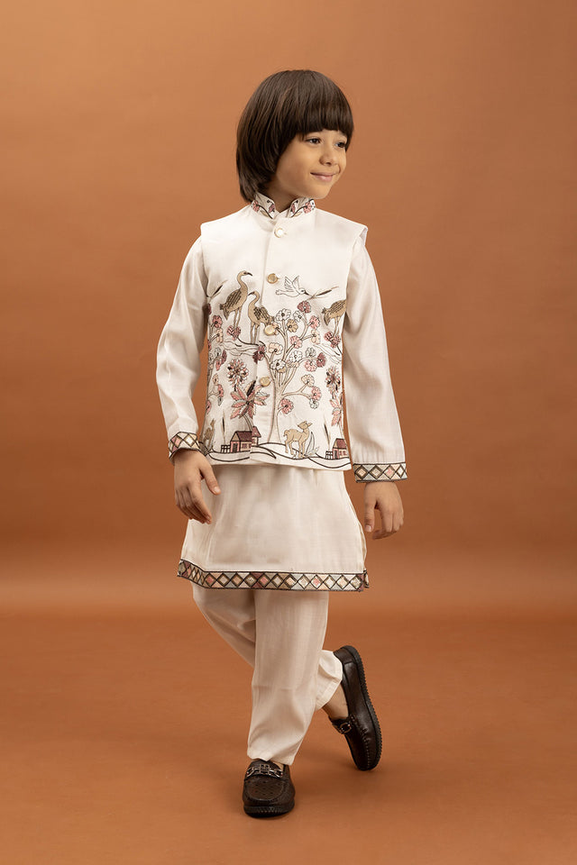 Boy's White Embroidered Viscose Silk Nehru Jacket Set (ACA1634)