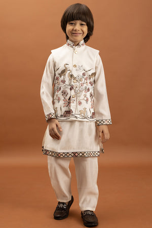 Boy's White Embroidered Viscose Silk Nehru Jacket Set (ACA1634)