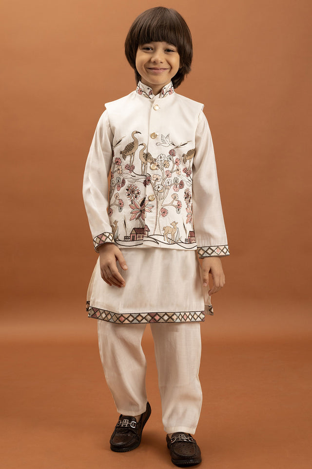 Boy's White Embroidered Viscose Silk Nehru Jacket Set (ACA1634)