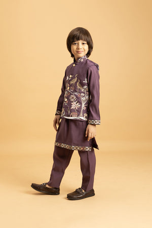 Boy's Purple Embroidered Viscose Silk Nehru Jacket Set (ACA1635)