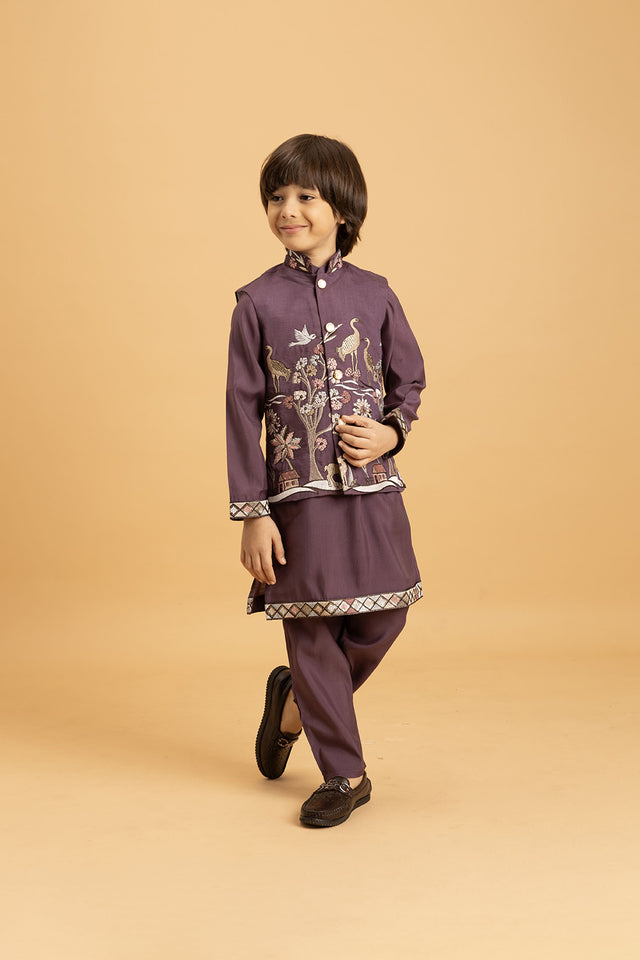 Boy's Purple Embroidered Viscose Silk Nehru Jacket Set (ACA1635)