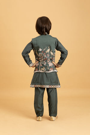 Boy's Green Embroidered Viscose Silk Nehru Jacket Set (ACA1636)