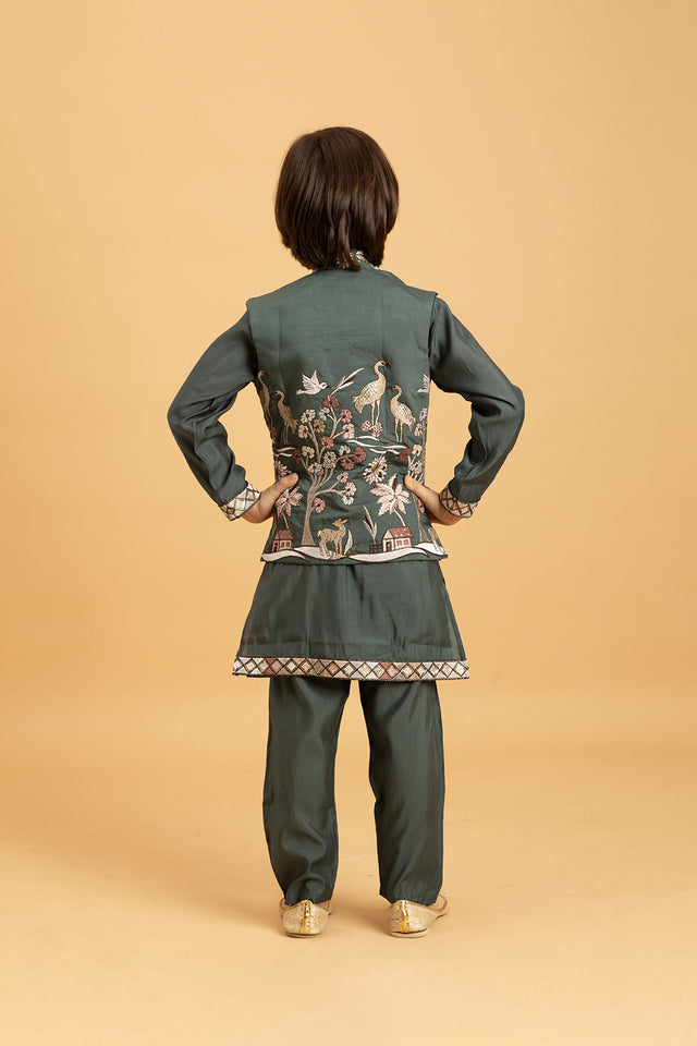 Boy's Green Embroidered Viscose Silk Nehru Jacket Set (ACA1636)