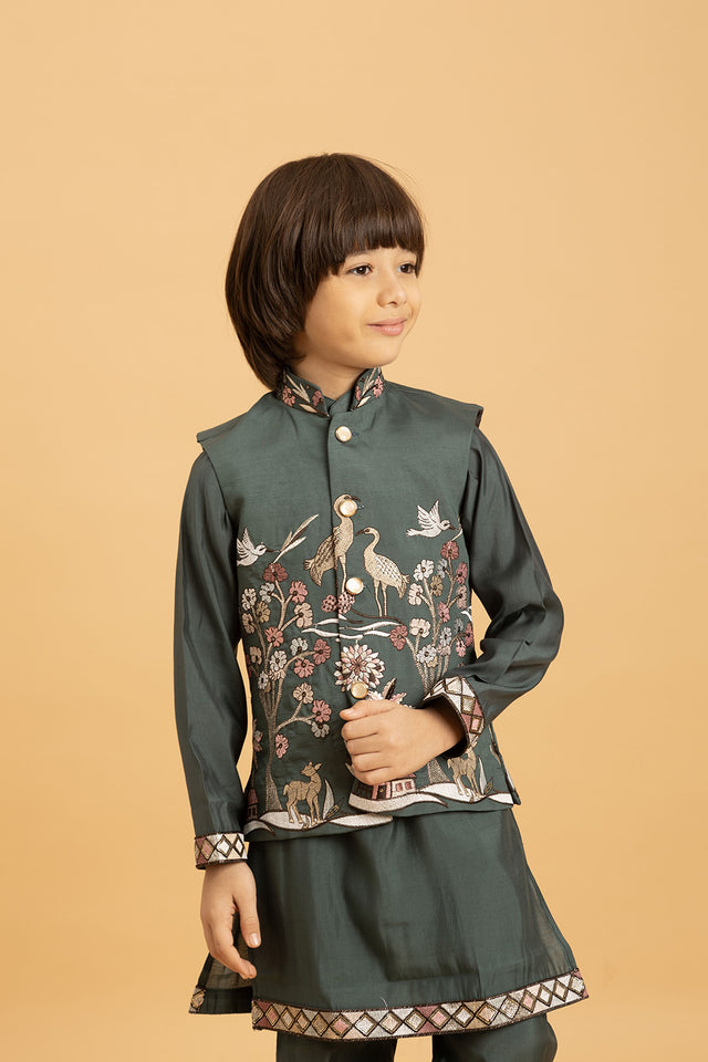 Boy's Green Embroidered Viscose Silk Nehru Jacket Set (ACA1636)