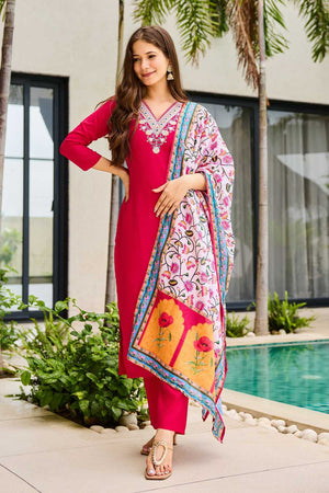 Pink Embroidered Rayon Kurti Pant Set (ACA1858)