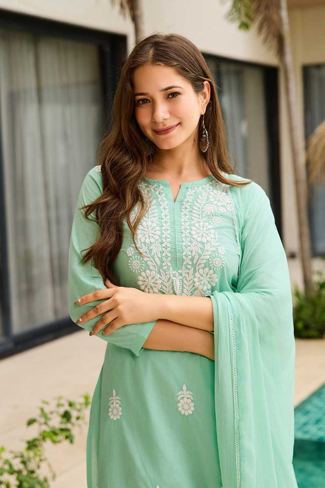 Turquoise Floral Embroidered Cotton Kurti Pant Set (ACA1859)