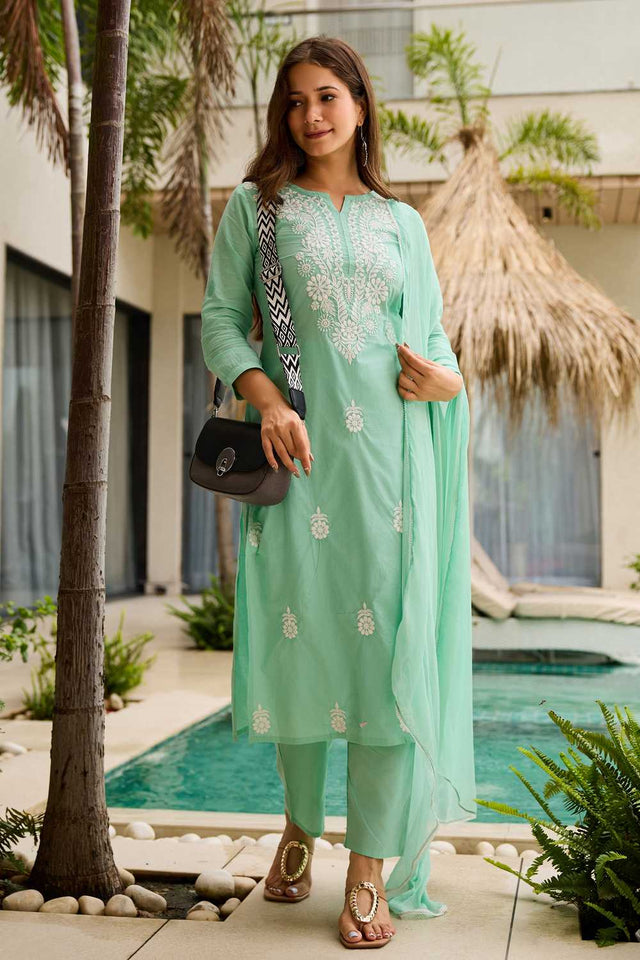 Turquoise Floral Embroidered Cotton Kurti Pant Set (ACA1859)
