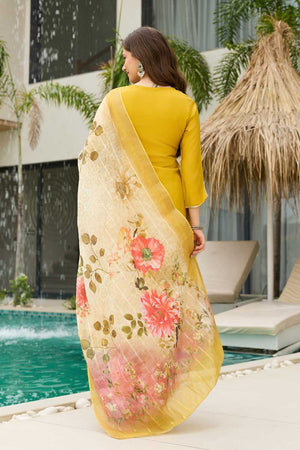 Mustard Floral Embroidered Viscose Kurti Pant Set