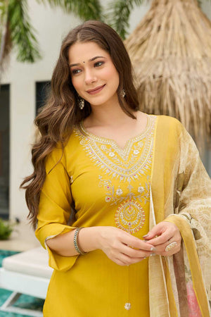 Mustard Floral Embroidered Viscose Kurti Pant Set