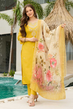 Mustard Floral Embroidered Viscose Kurti Pant Set