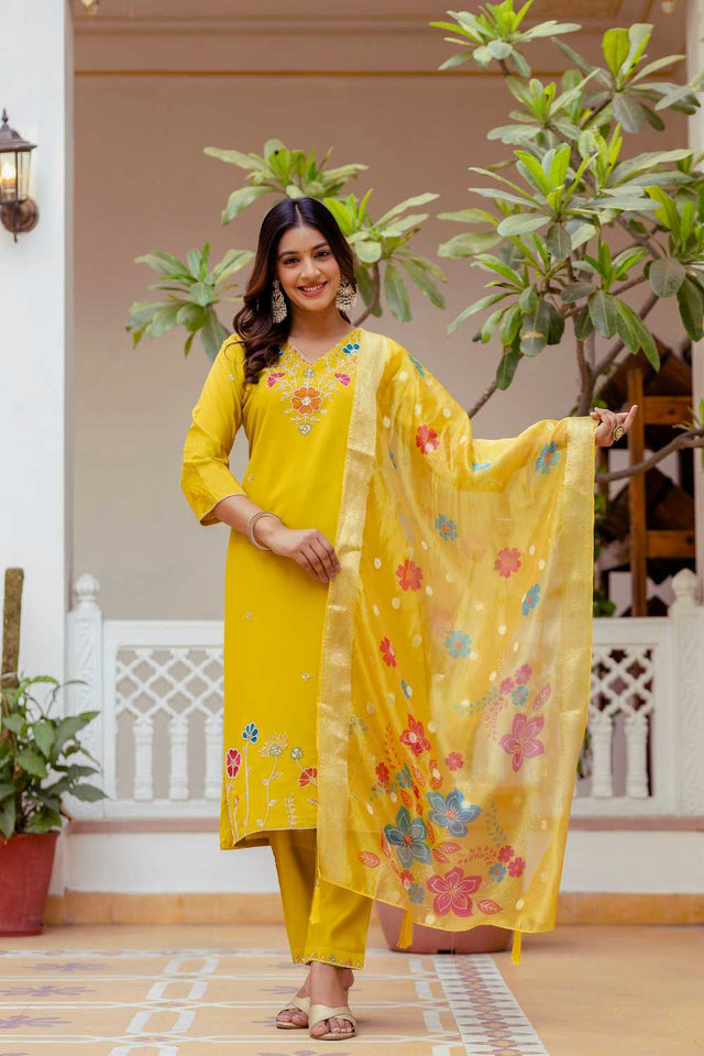 Mustard Floral Embroidered Viscose Kurti Pant Set
