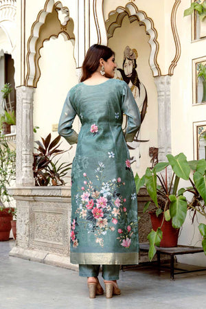 Grey Floral Printed Chanderi Kurti Pant Set