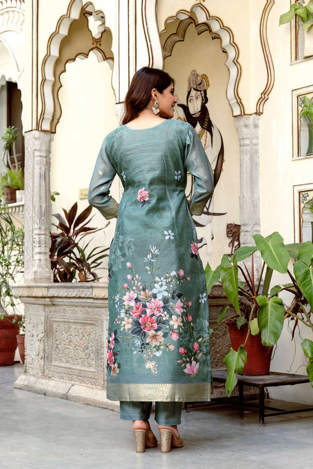 Grey Floral Printed Chanderi Kurti Pant Set