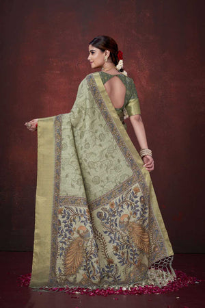 Pista Green Floral Printed Silk Saree