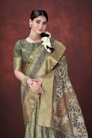 Pista Green Floral Printed Silk Saree