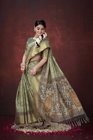 Pista Green Floral Printed Silk Saree