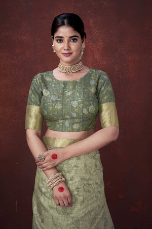 Pista Green Floral Printed Silk Saree