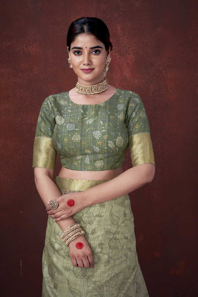 Pista Green Floral Printed Silk Saree