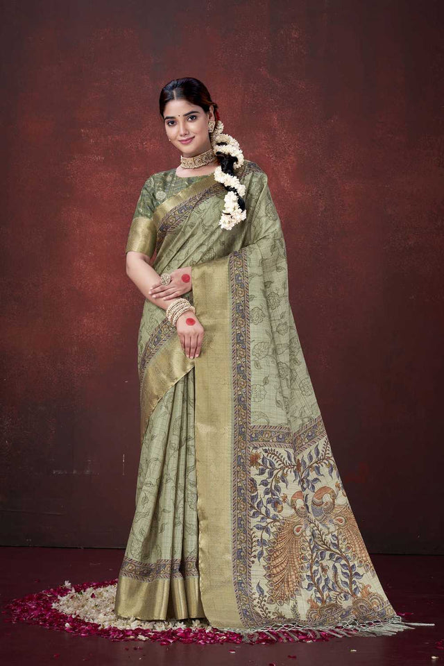 Pista Green Floral Printed Silk Saree