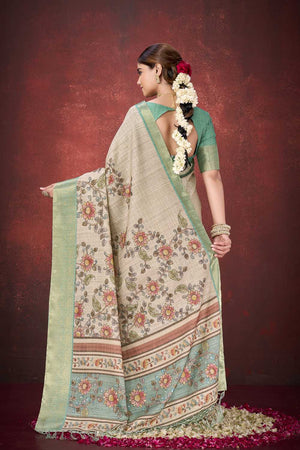 Cream Floral Printed Silk Saree