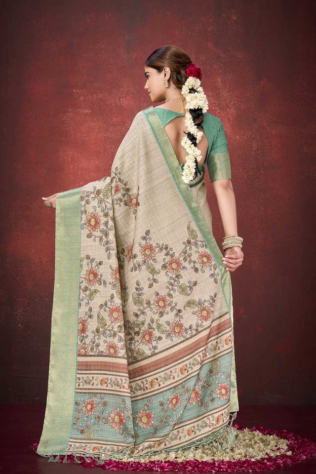 Cream Floral Printed Silk Saree