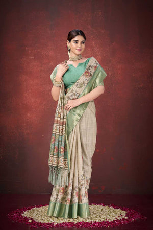 Cream Floral Printed Silk Saree