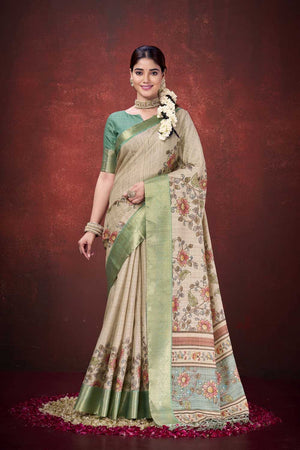 Cream Floral Printed Silk Saree