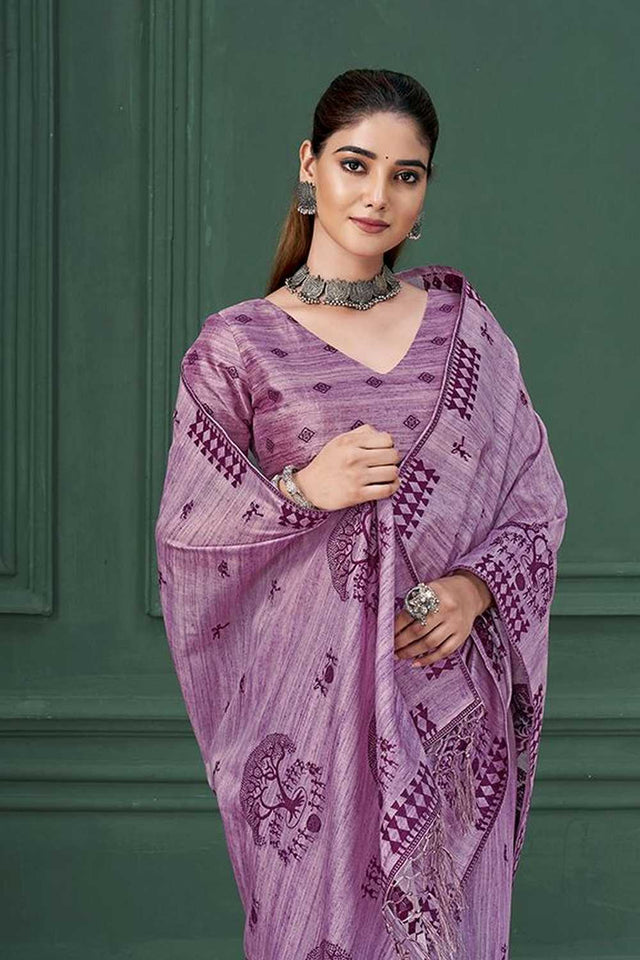 Lavender Warli Printed Silk Saree