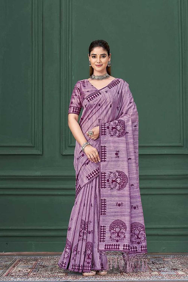 Lavender Warli Printed Silk Saree
