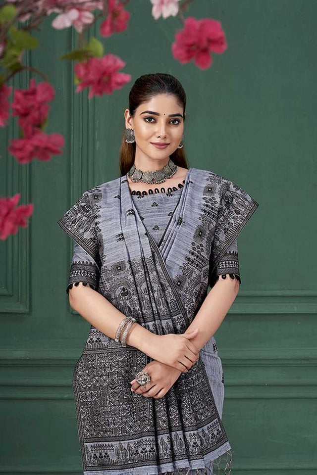 Blue Warli Printed Silk Saree