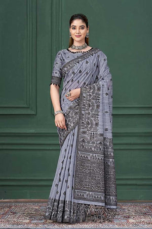 Blue Warli Printed Silk Saree