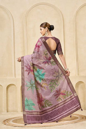 Pink Floral Printed Silk Saree