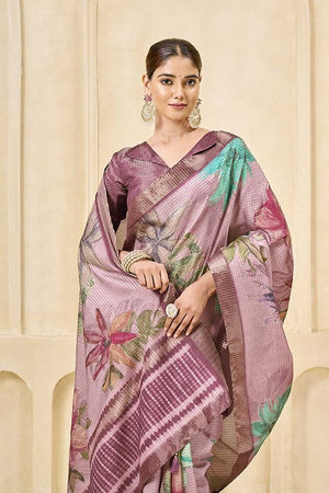 Pink Floral Printed Silk Saree