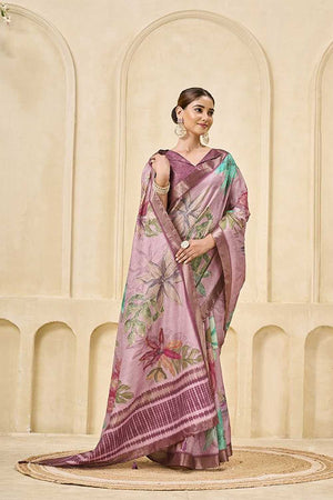 Pink Floral Printed Silk Saree