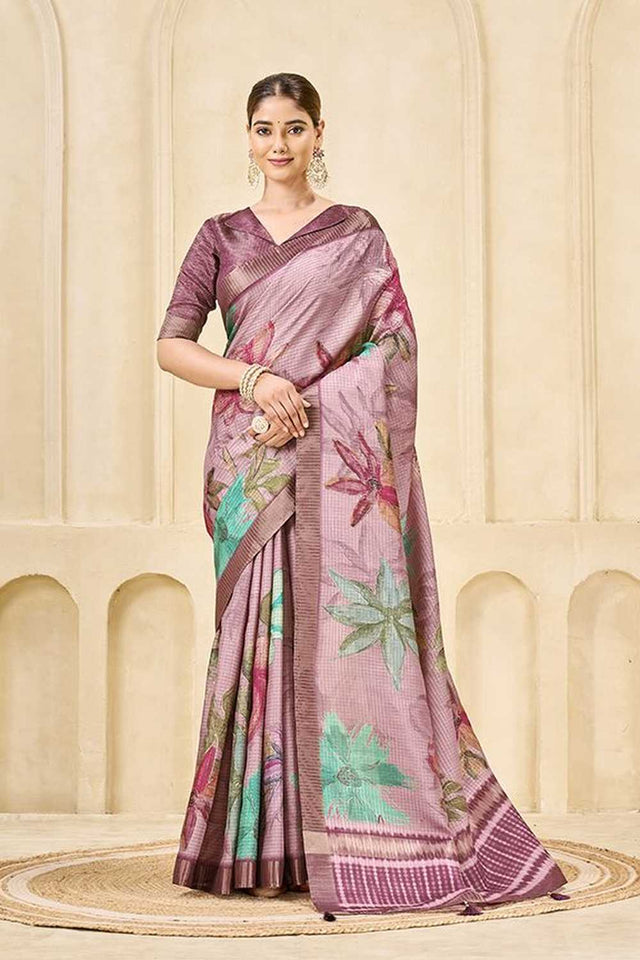 Pink Floral Printed Silk Saree