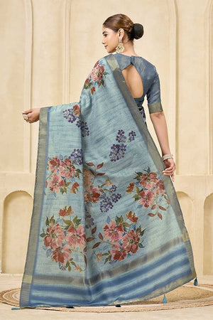 Sky Blue Floral Printed Silk Saree