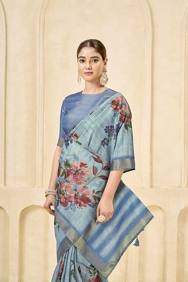 Sky Blue Floral Printed Silk Saree