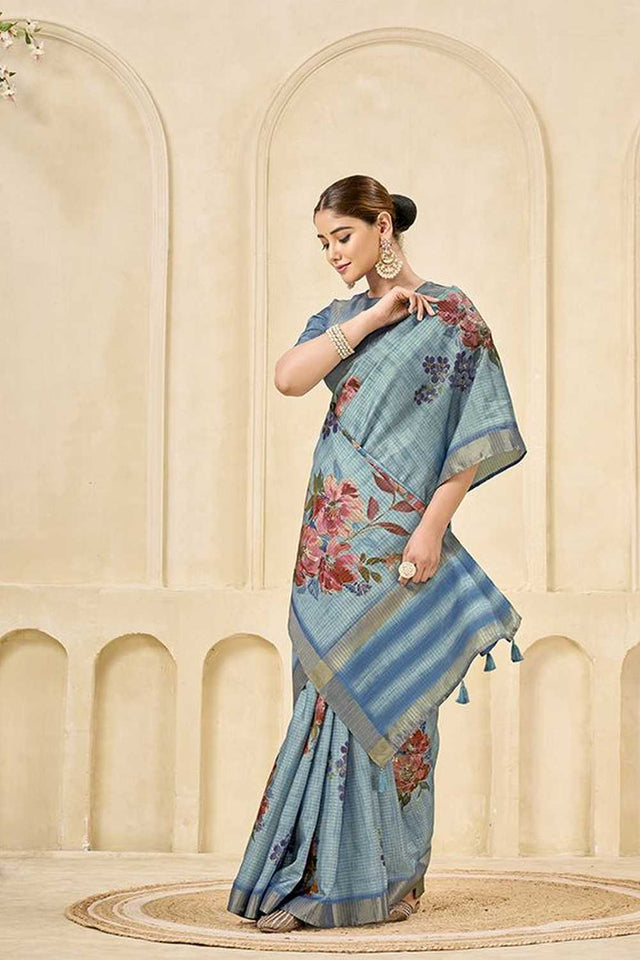 Sky Blue Floral Printed Silk Saree